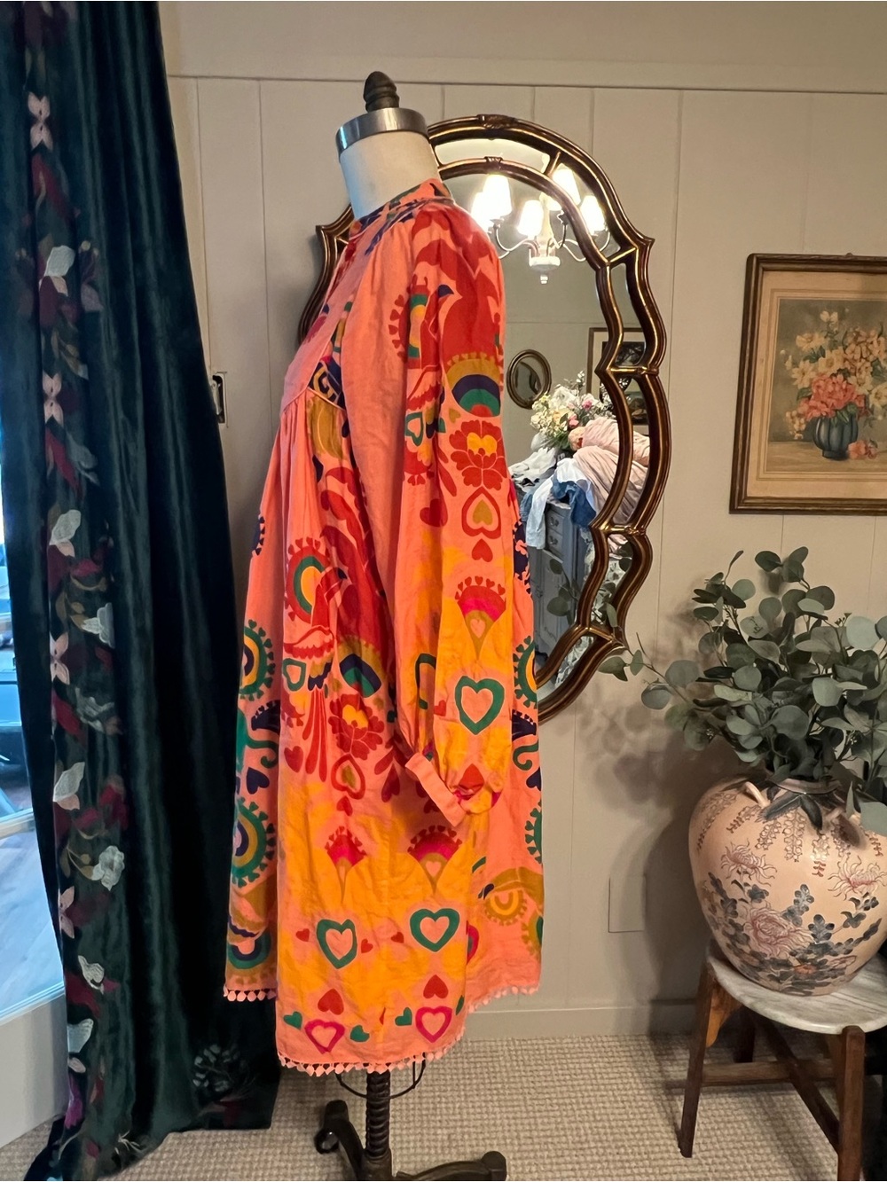 Bright Coral Embroidered Boho Midi Dress 100% cotton - Picture 5 of 15